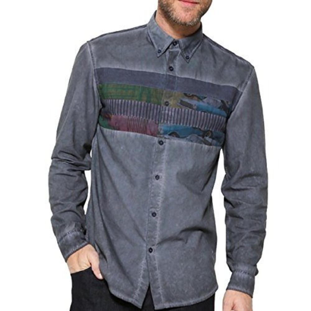 Desigual Enooa‎ Art Panel Patchwork Shirt L Washed Gray Streetwear